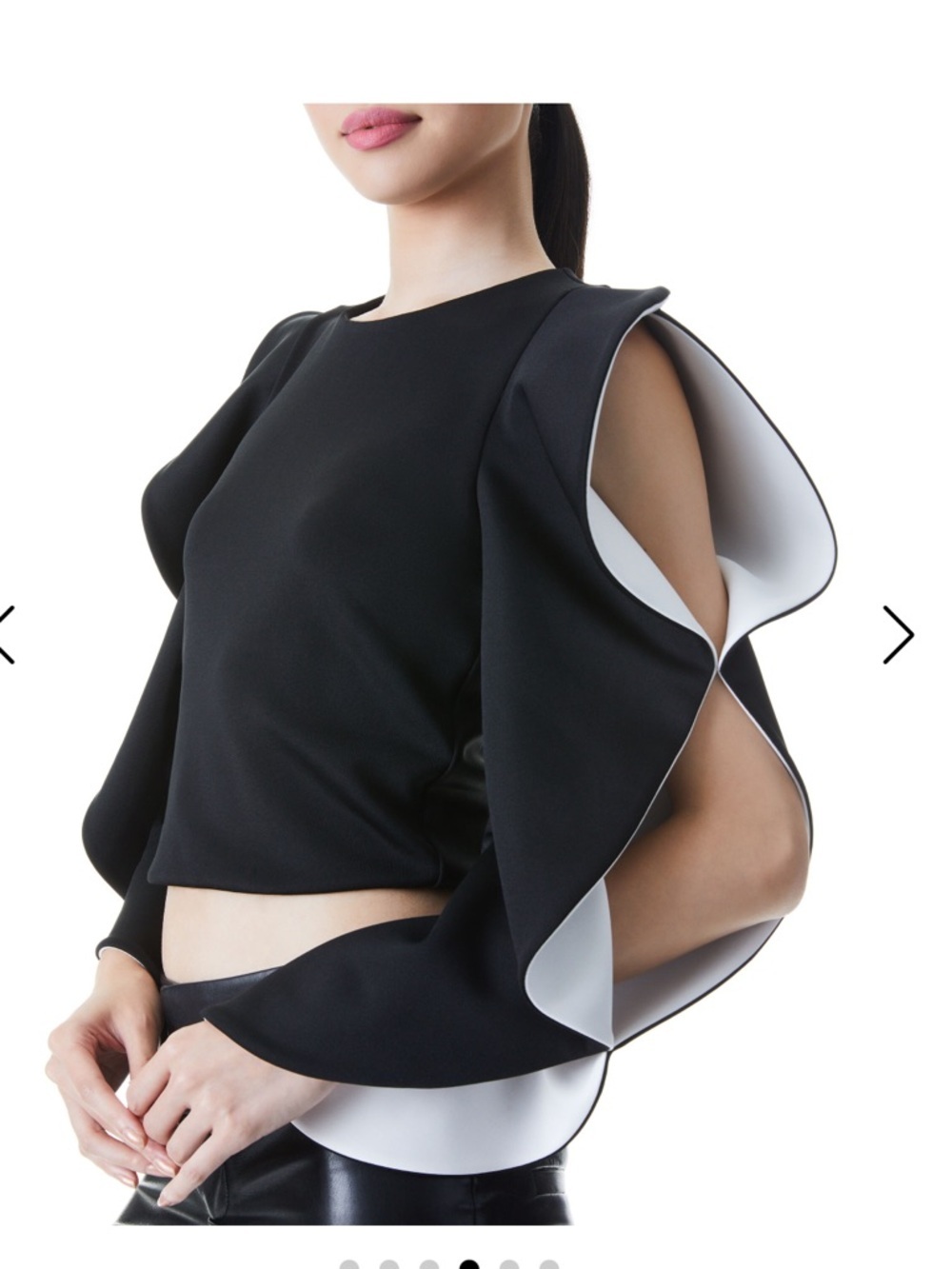 Alice + Olivia Ollie Ruffle Sleeve Crop Top Black with White Statement - Picture 10 of 12